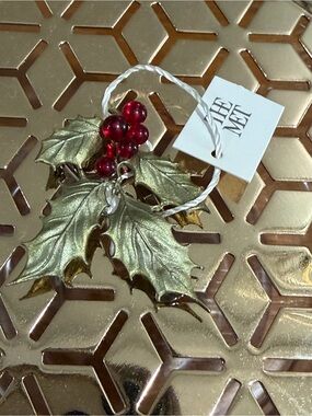 The Met Gold Holly Leaf  with Red Berry Cluster Brooch